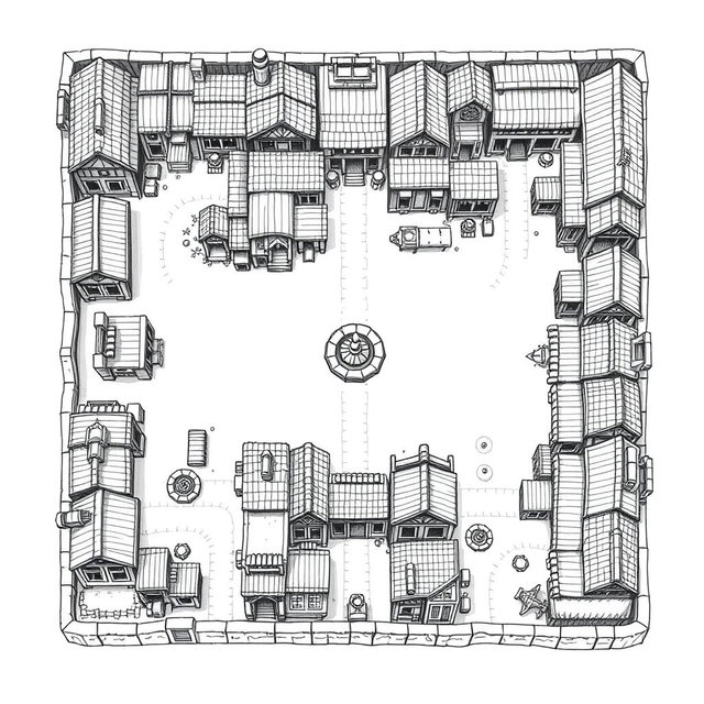 A detailed black and white drawing showcasing both top and side views of a square quarter of dwellings for humans within a dwarven city