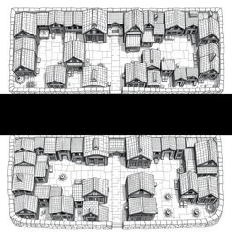 A detailed black and white drawing showcasing both top and side views of a square quarter of dwellings for humans within a dwarven city