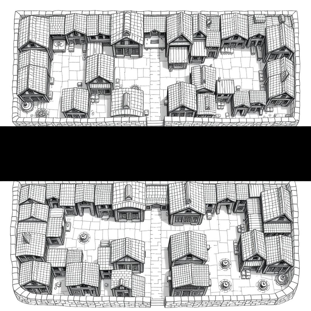 A detailed black and white drawing showcasing both top and side views of a square quarter of dwellings for humans within a dwarven city