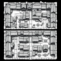 A detailed black and white drawing showcasing both top and side views of a square quarter of dwellings for humans within a dwarven city