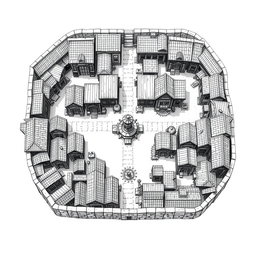 A detailed black and white drawing showcasing both top and side views of a square quarter of dwellings for humans within a dwarven city