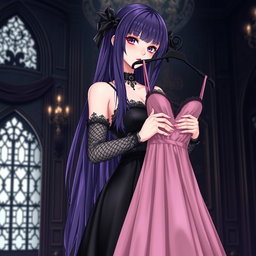 A gothic anime girl with long, luscious dark purple hair cascading down her back stands elegantly in a dark, opulent gothic mansion