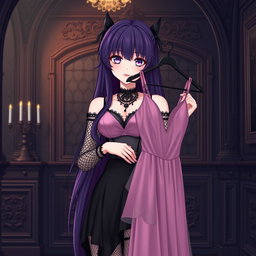 A gothic anime girl with long, luscious dark purple hair cascading down her back stands elegantly in a dark, opulent gothic mansion