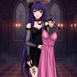 A gothic anime girl with long, luscious dark purple hair cascading down her back stands elegantly in a dark, opulent gothic mansion