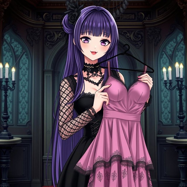 A gothic anime girl with long, luscious dark purple hair cascading down her back stands elegantly in a dark, opulent gothic mansion