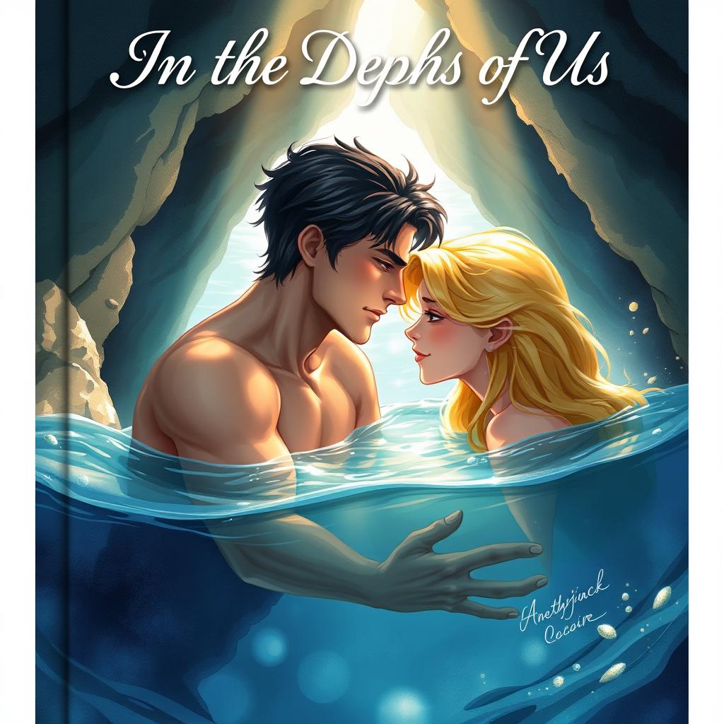 A beautifully illustrated book cover featuring a hero with dark hair and a heroine with blonde hair, both submerged in the serene, crystal-clear waters of a hidden cave