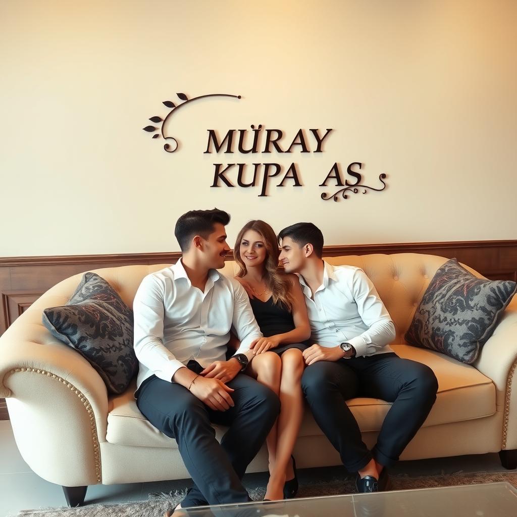 A beautifully designed living room featuring a stylish and elegant couch where two handsome young men are seated, sharing a romantic moment