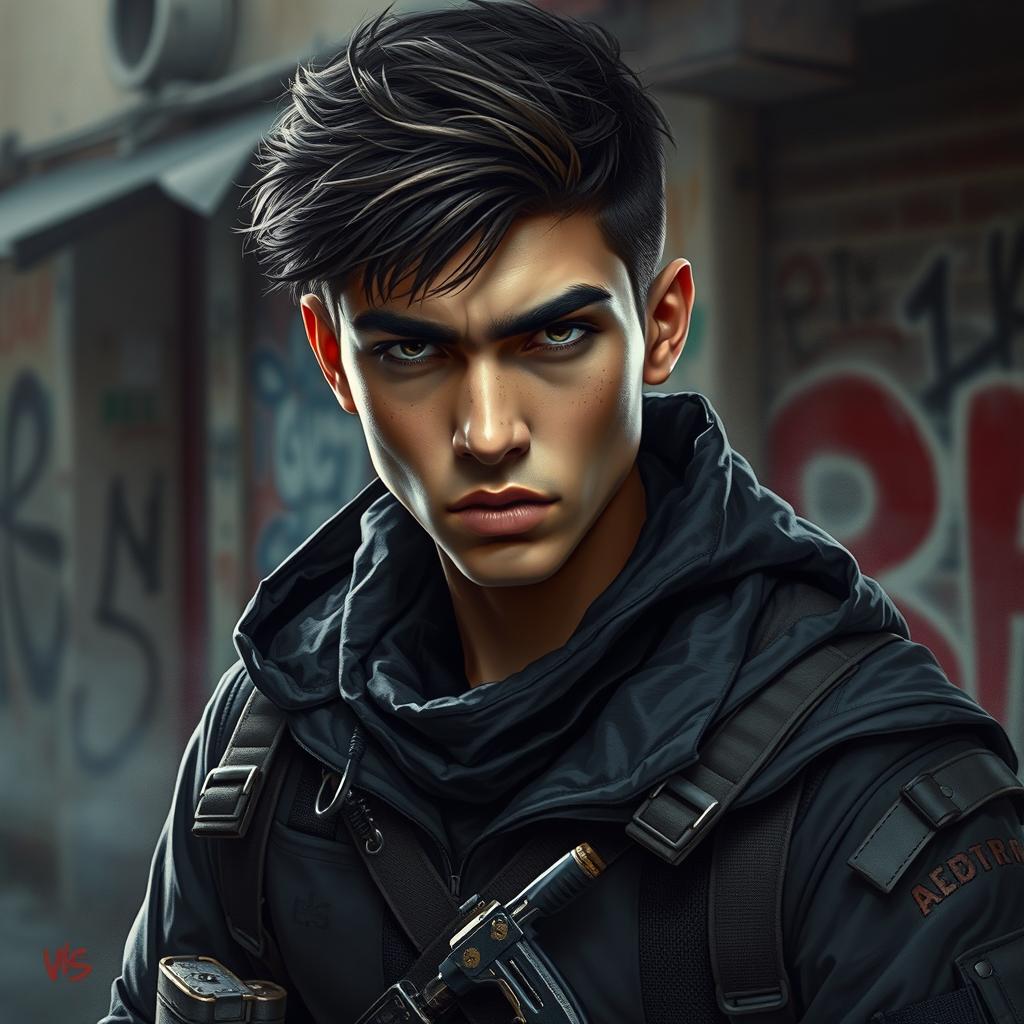 A realistic portrait of a young revolutionary and stealthy assassin, exuding an aura of power and determination