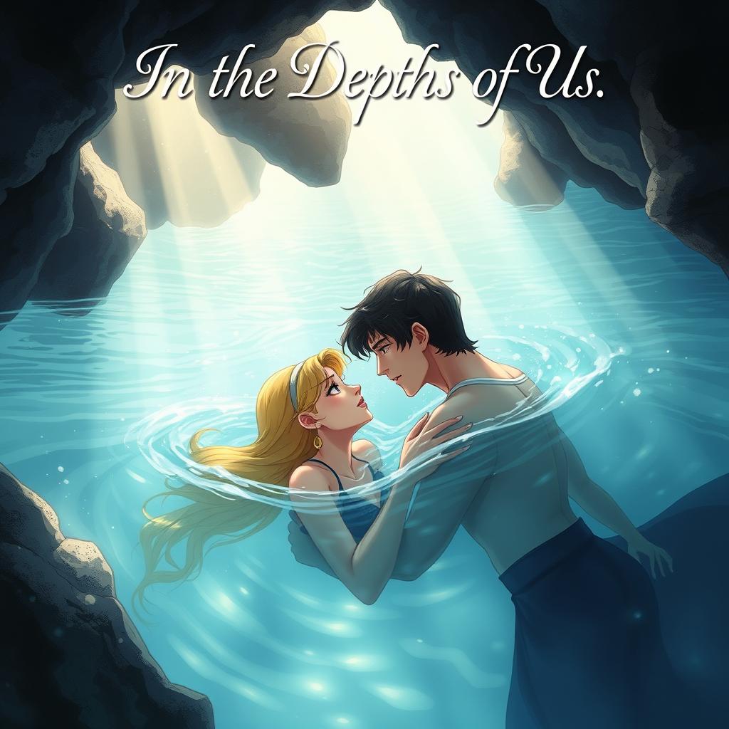 A stunningly illustrated book cover featuring a hero with dark hair and a heroine with blonde hair, both submerged in the calm, crystal-clear waters of a hidden cave