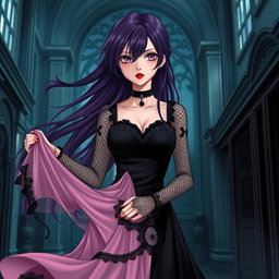 A gothic anime girl with long, dark purple hair flowing elegantly stands within a grand gothic mansion