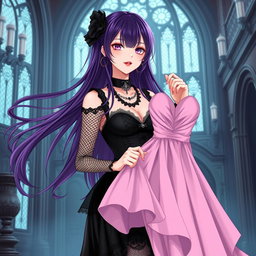 A gothic anime girl with long, dark purple hair flowing elegantly stands within a grand gothic mansion