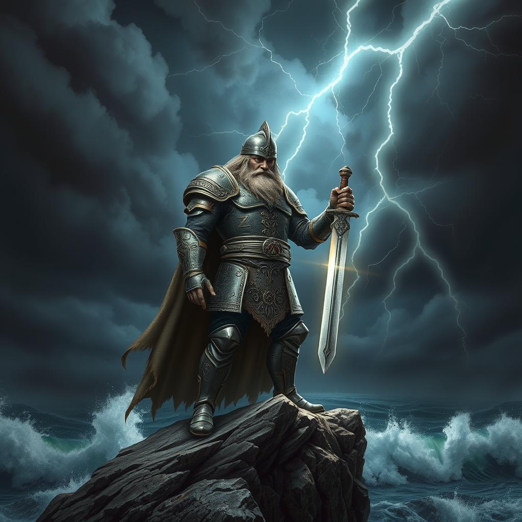 A striking and powerful portrayal of a mighty warrior standing tall on a rocky cliff overlooking a stormy sea