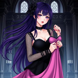 A gothic anime girl with long, dark purple hair flowing elegantly stands within a grand gothic mansion