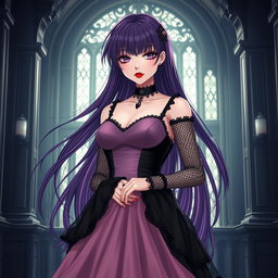 A gothic anime girl with long, dark purple hair flowing elegantly stands within a grand gothic mansion