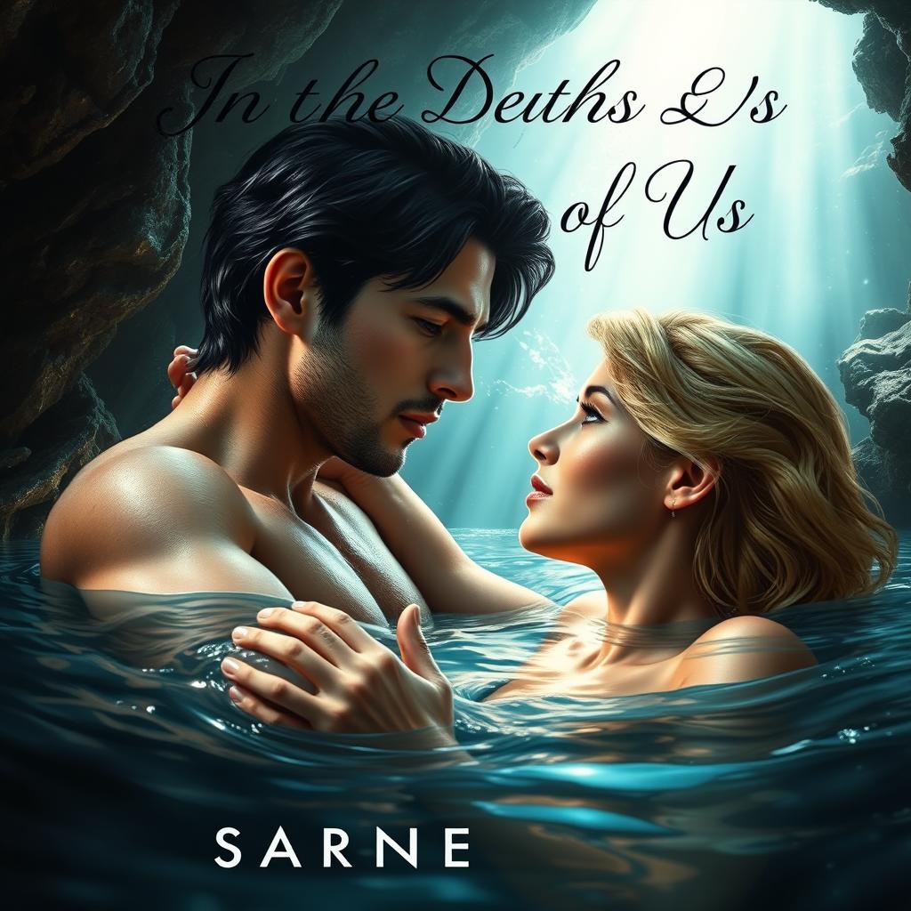 A captivating book cover depicting a hero with dark hair and a heroine with blonde hair, both submerged in the serene waters of a hidden cave