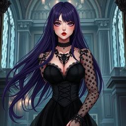 A gothic anime girl with long, flowing dark purple hair stands gracefully within a stunning gothic mansion