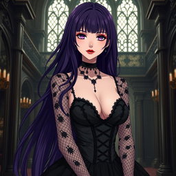 A gothic anime girl with long, flowing dark purple hair stands gracefully within a stunning gothic mansion