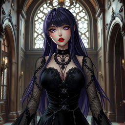 A gothic anime girl with long, flowing dark purple hair stands gracefully within a stunning gothic mansion