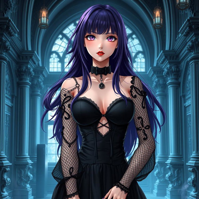 A gothic anime girl with long, flowing dark purple hair stands gracefully within a stunning gothic mansion
