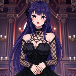 A gothic anime girl with long, flowing dark purple hair stands gracefully in a luxurious gothic mansion
