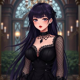 A gothic anime girl with long, flowing dark purple hair stands gracefully in a luxurious gothic mansion