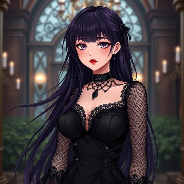 A gothic anime girl with long, flowing dark purple hair stands gracefully in a luxurious gothic mansion
