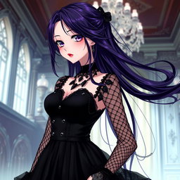 A gothic anime girl with long, flowing dark purple hair stands gracefully in a luxurious gothic mansion