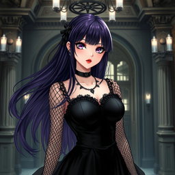 A gothic anime girl with long, flowing dark purple hair stands gracefully in a luxurious gothic mansion