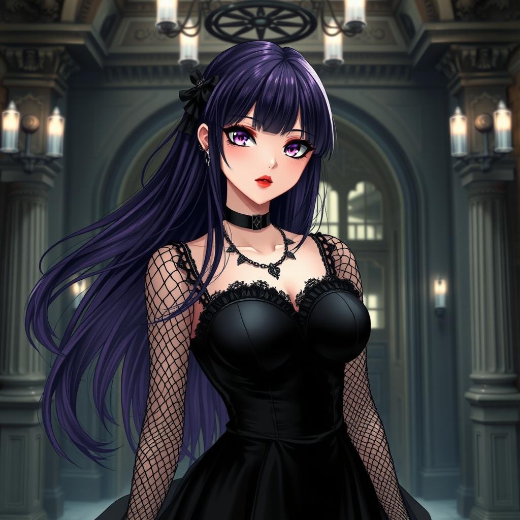 A gothic anime girl with long, flowing dark purple hair stands gracefully in a luxurious gothic mansion