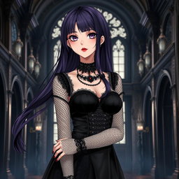 A gothic anime girl with long, flowing dark purple hair stands elegantly in a majestic gothic mansion
