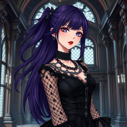A gothic anime girl with long, flowing dark purple hair stands elegantly in a majestic gothic mansion