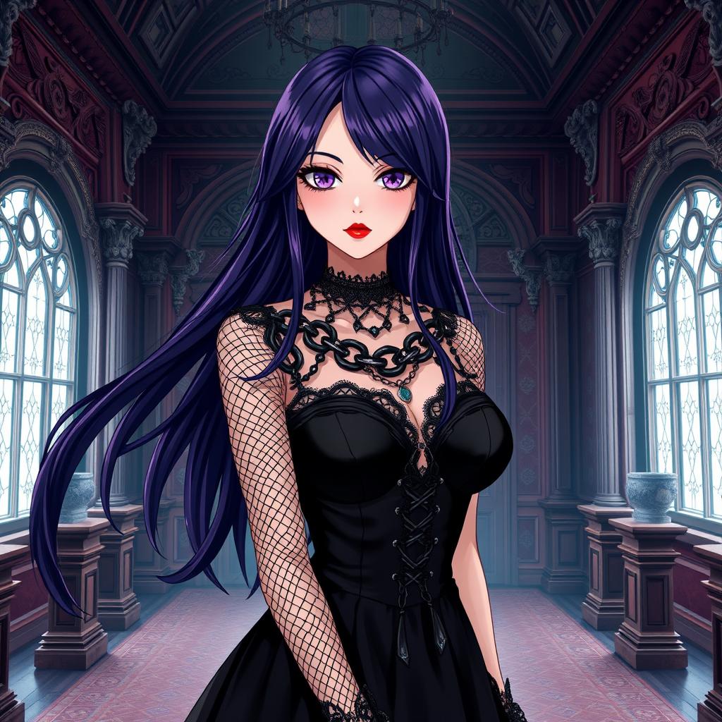 A gothic anime girl with long, flowing dark purple hair stands elegantly in a majestic gothic mansion