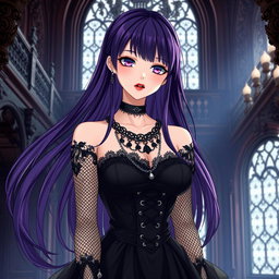 A gothic anime girl with long, flowing dark purple hair stands elegantly in a majestic gothic mansion