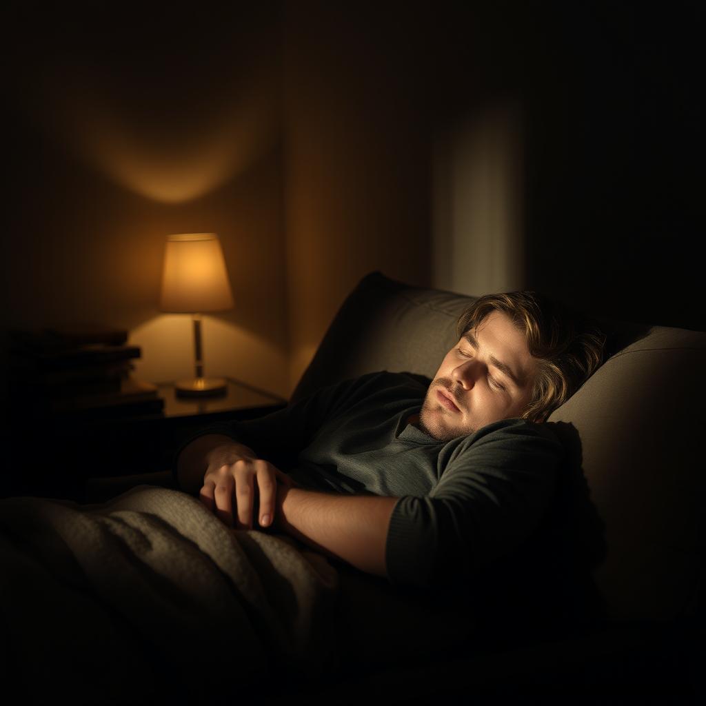 A man sleeping on a sofa in a dark room, the atmosphere is serene and peaceful