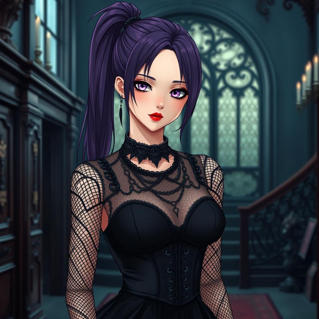 A gothic anime girl with long dark purple hair styled in a sleek ponytail stands elegantly in an opulent gothic mansion