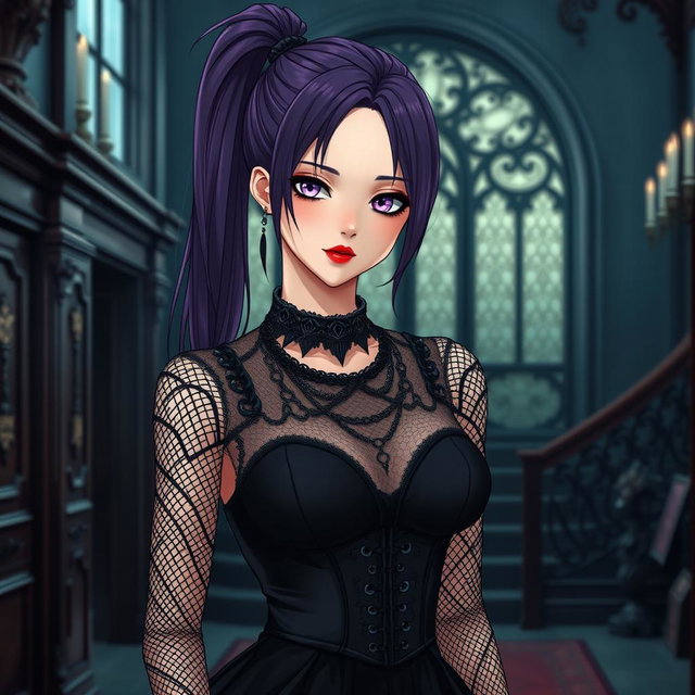 A gothic anime girl with long dark purple hair styled in a sleek ponytail stands elegantly in an opulent gothic mansion