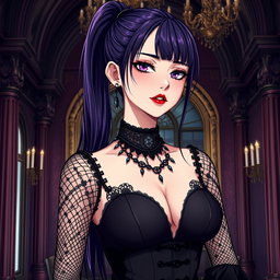 A gothic anime girl with long dark purple hair styled in a sleek ponytail stands elegantly in an opulent gothic mansion