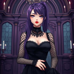 A gothic anime girl with long dark purple hair styled in a sleek ponytail stands elegantly in an opulent gothic mansion