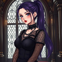 A gothic anime girl with long dark purple hair styled in a sleek ponytail stands elegantly in an opulent gothic mansion