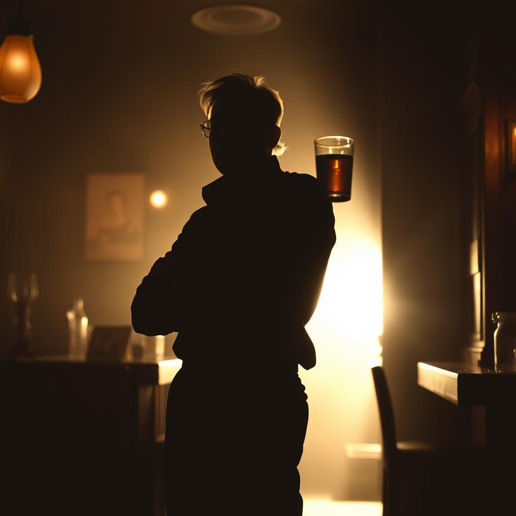 A vintage-style image of a drunken man, appearing slightly disheveled, captured in shadow silhouette