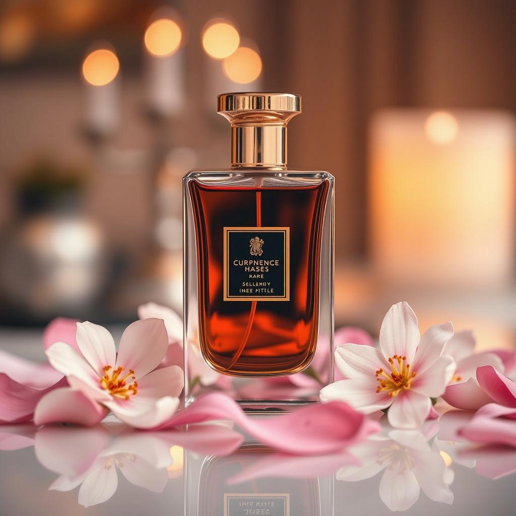 A beautiful glass perfume bottle elegantly placed on a pristine white surface