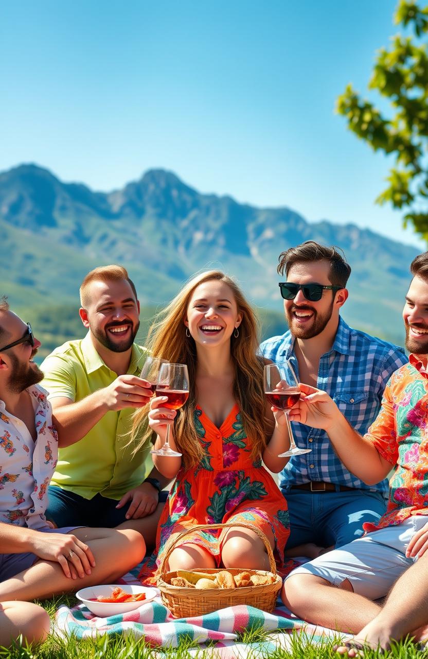 A vibrant scene showcasing a cheerful girl surrounded by a group of fun-loving gay men, all enjoying a delightful outdoor picnic with a backdrop of majestic mountains