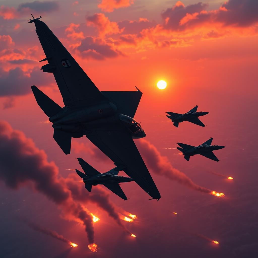 A dramatic aerial scene showing several jet fighters soaring through the sky, releasing bombs in an intense military operation