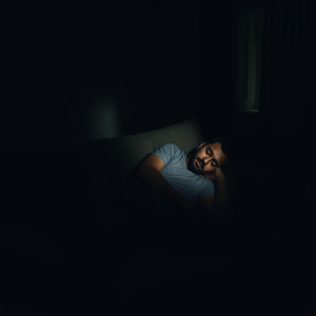 A man peacefully sleeping on a couch in a dark room, creating a serene and calm atmosphere