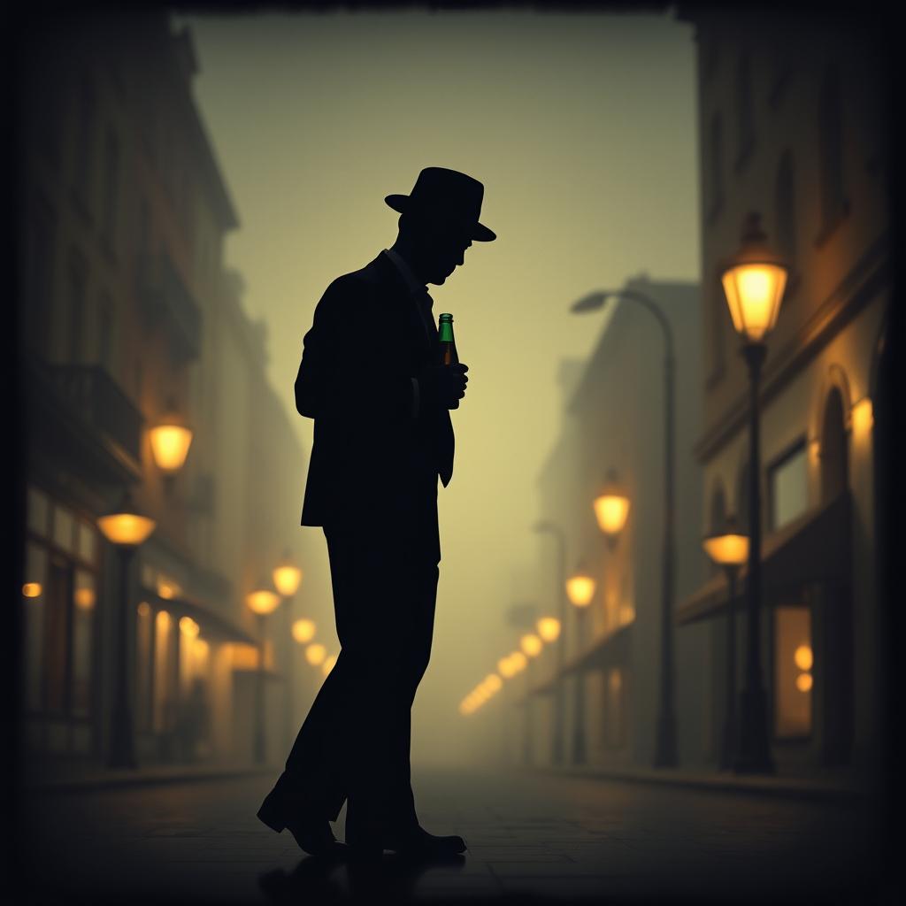 A vintage shadow silhouette of a drunken man swaying slightly, holding a bottle in one hand