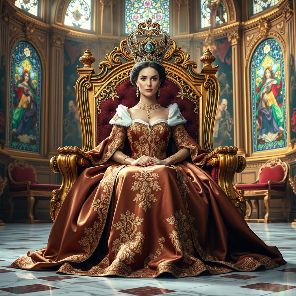 A majestic queen seated elegantly on her ornate throne, adorned in a rich royal gown made of luxurious fabric, embellished with intricate gold embroidery