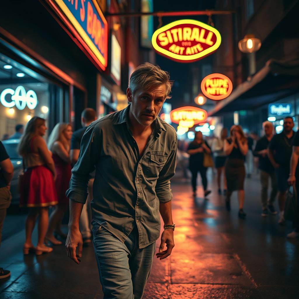 A scene depicting a drunken man stumbling out of a lively bar at night, with bright neon lights reflecting off the wet street
