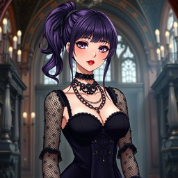 A gothic anime girl with long, dark purple hair styled in a ponytail, featuring flowy bangs that frame her face, stands elegantly in an opulent gothic mansion