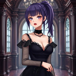 A gothic anime girl with long, dark purple hair styled in a ponytail, featuring flowy bangs that frame her face, stands elegantly in an opulent gothic mansion