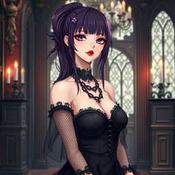 A gothic anime girl with long, dark purple hair styled in a ponytail, featuring flowy bangs that frame her face, stands elegantly in an opulent gothic mansion